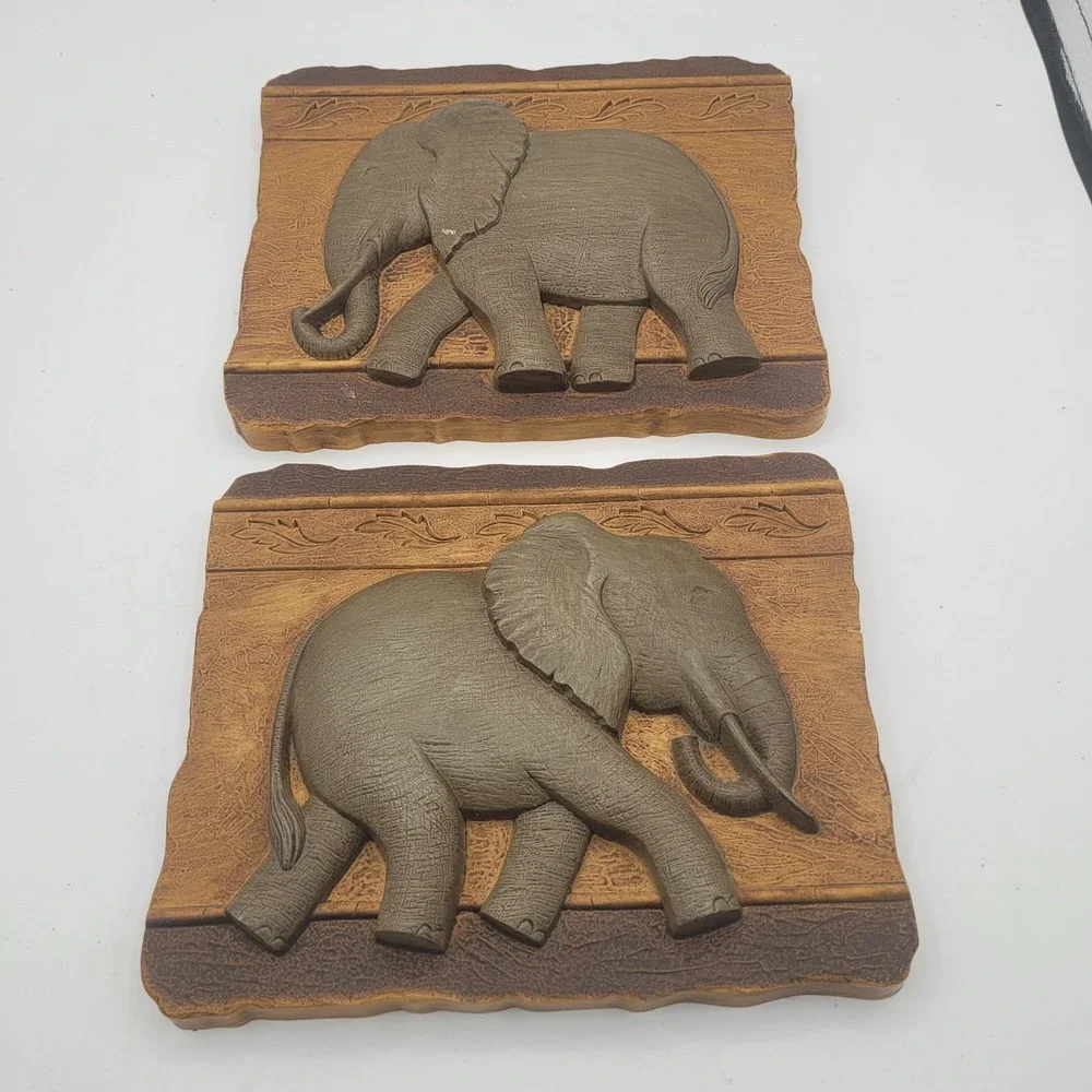 Vtg Home Interiors GIA HOMCO‎ Elephant Wall Hangings Plaques 2-Set 9.5